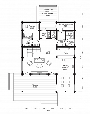 Проект дома из клееного бруса с двумя навесными балконами / План 1 этажа Проект дома из клееного бруса с двумя навесными балконами / План 1 этажа