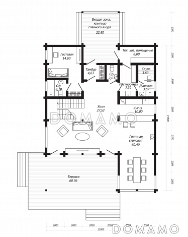 Проект дома из клееного бруса с двумя навесными балконами / План 1 этажа Проект дома из клееного бруса с двумя навесными балконами / План 1 этажа