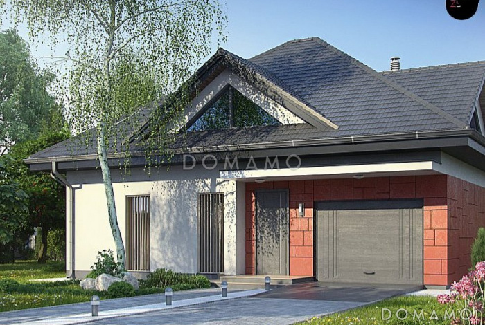 Проект одноэтажного мансардного коттеджа из кирпича с большой площадью остекления в гостиной, кабинетом и гаражом, для сейсмических районов 