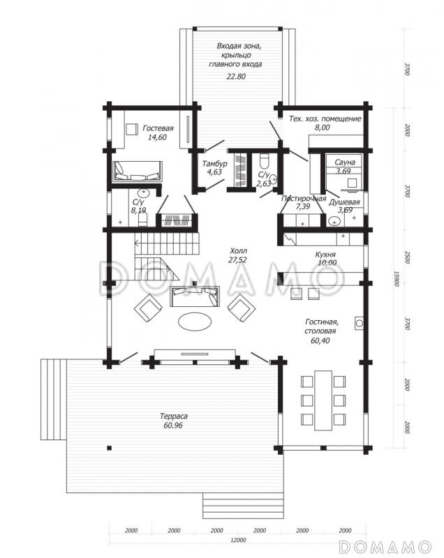 Проект дома из клееного бруса с двумя навесными балконами / План 1 этажа