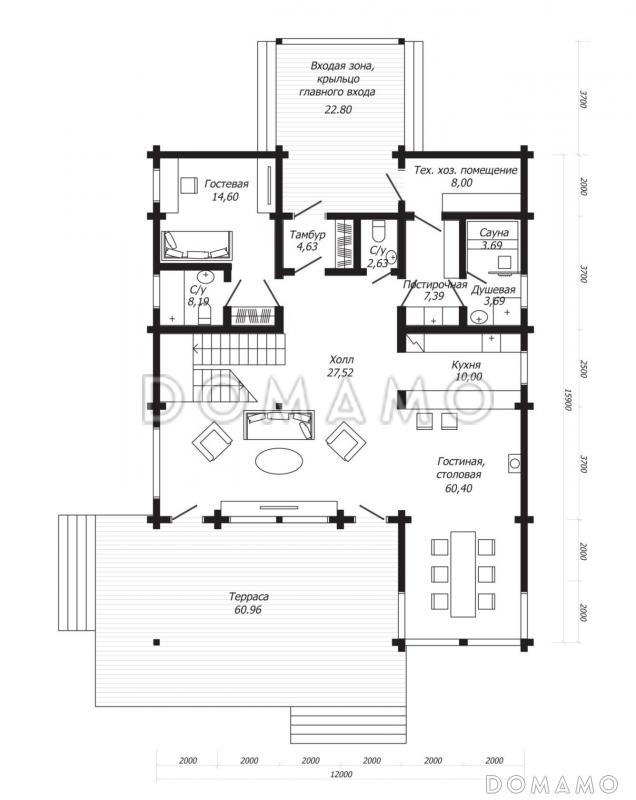 Проект дома из клееного бруса с двумя навесными балконами / План 1 этажа