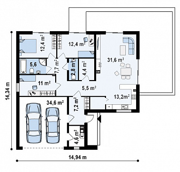 Проект углового одноэтажного дома из газобетона с облицовкой деревянной вагонкой и с гаражом на два автомобиля / План 1 этажа