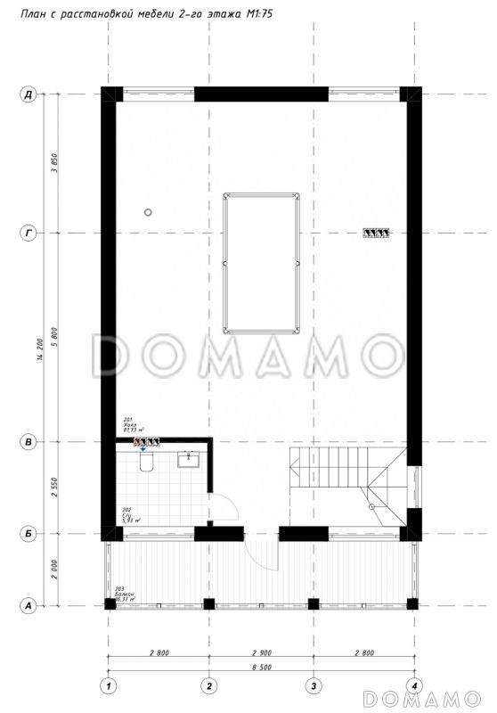 Проект дома со спа-зоной, одной спальней, бильярдной и широким балконом на мансарде / План мансардного этажа
