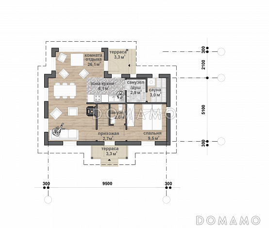 М-91 одноэтажный с мансардой дом / План 1 этажа