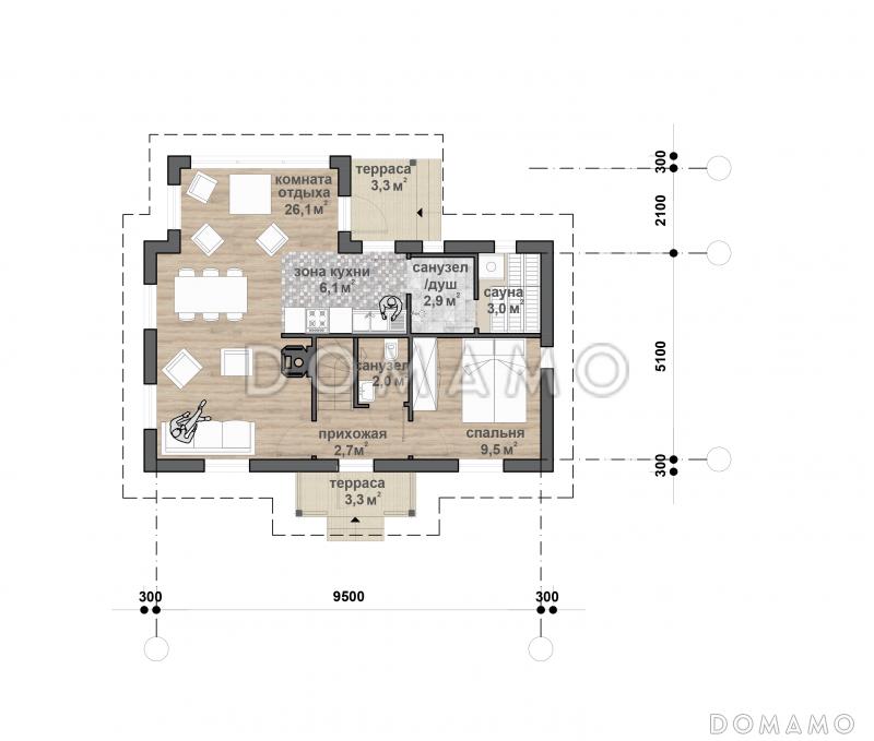 М-91 одноэтажный с мансардой дом / План 1 этажа