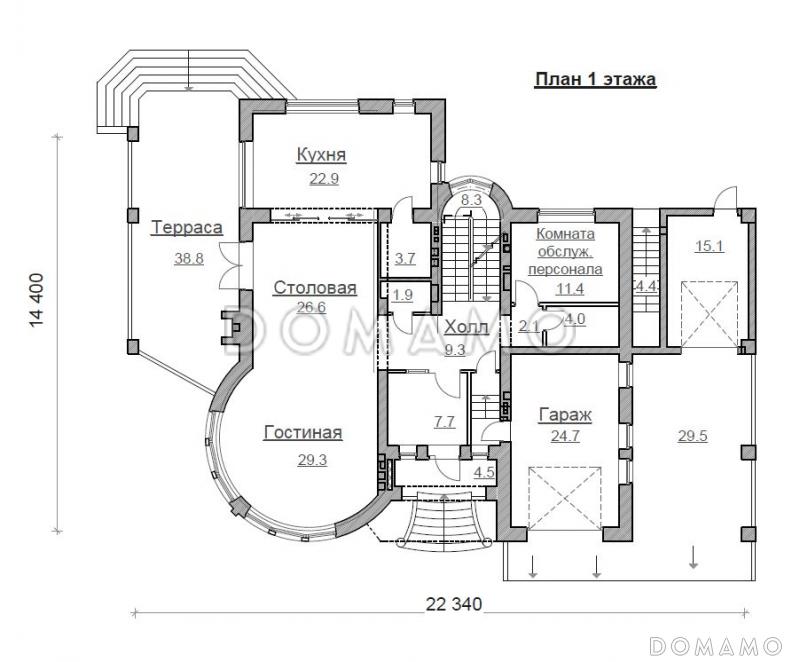 Проект современного дома из кирпича с сауной / План 1 этажа