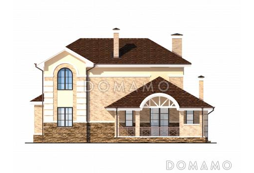 Проект дома с крытой террасой с камином, просторной кухней-столовой, гостиной с камином, сауной на втором этаже / Фасад 3