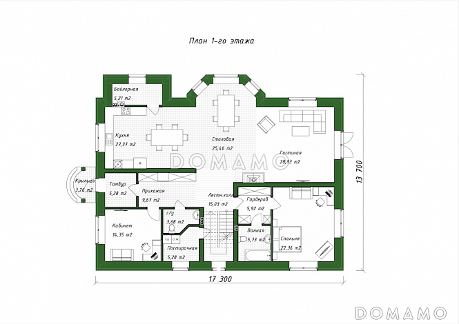Проект двухэтажного дома из газобетона с эркером в кухне-столовой / План 1 этажа