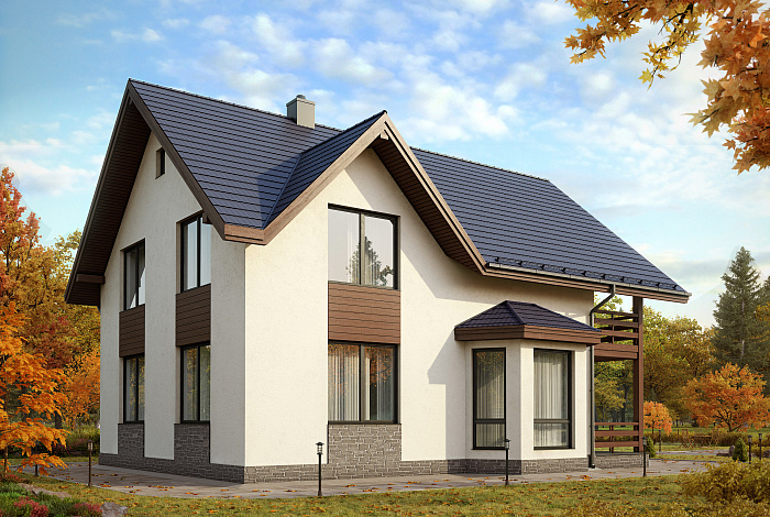 Проект дома из газобетона с большой террасой на втором этаже
