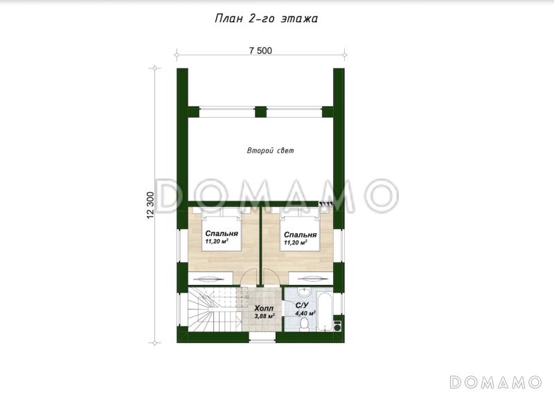 Проект двухэтажного дома из газобетона в стиле барнхаус с навесом для автомобиля и вторым светом / План 2 этажа