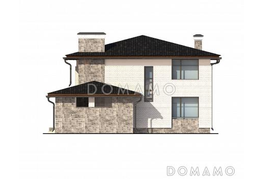 Проект дома с летней кухней на крытой террасе, спальней на первом этаже, просторной столовой-гостиной, хозблоком, французским балконом в кабинете и спальне на втором этаже / Фасад 1