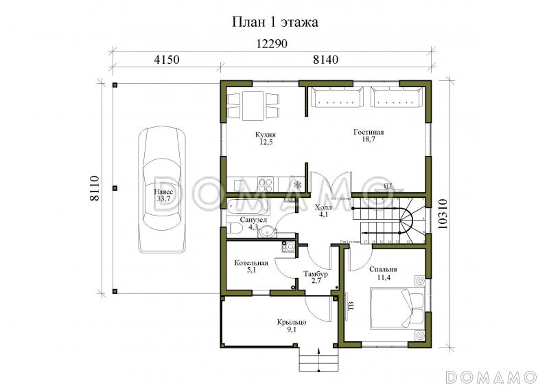 Проект двухэтажного дома с навесом и балконом / План 1 этажа
