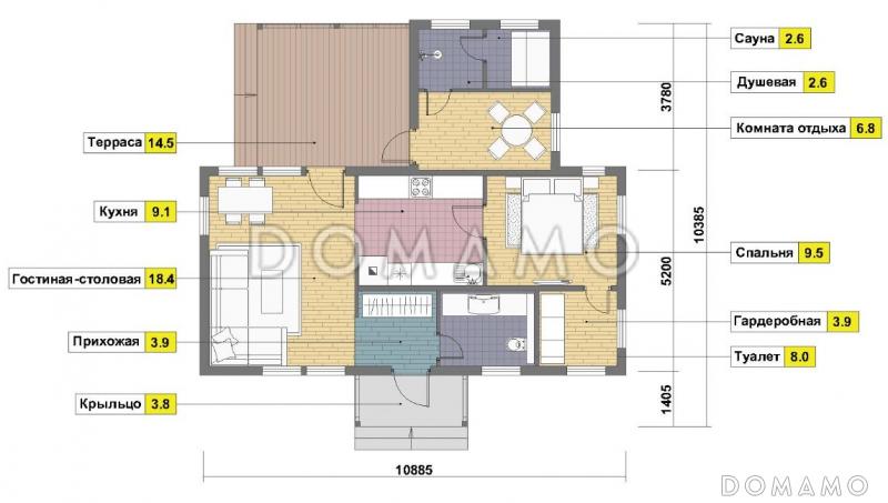 Проект одноэтажного каркасного дома с одной спальней, сауной и крытой террасой / План 1 этажа