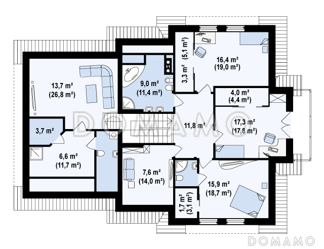Проект просторного комфортного мансардного дома из кирпича с необычной планировкой и гаражом / План мансардного этажа