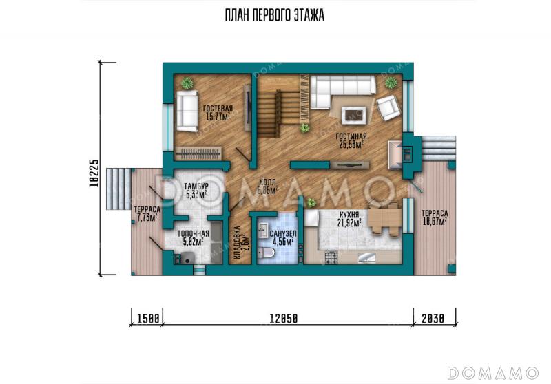 Проект дома с панорамными окнами, вторым светом и четырьмя спальнями / План 1 этажа