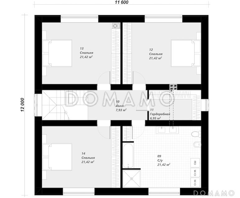 Проект двухэтажного дома с 4 спальнями и просторной ванной комнатой / План мансардного этажа