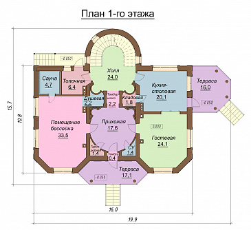 Проект  двухэтажного коттеджа с мансардой, бассейном и кинотеатром / План 1 этажа Проект  двухэтажного коттеджа с мансардой, бассейном и кинотеатром / План 1 этажа