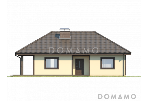 Проект компактного одноэтажного дома из кирпича с двумя спальнями и боковой террасой / Фасад 1