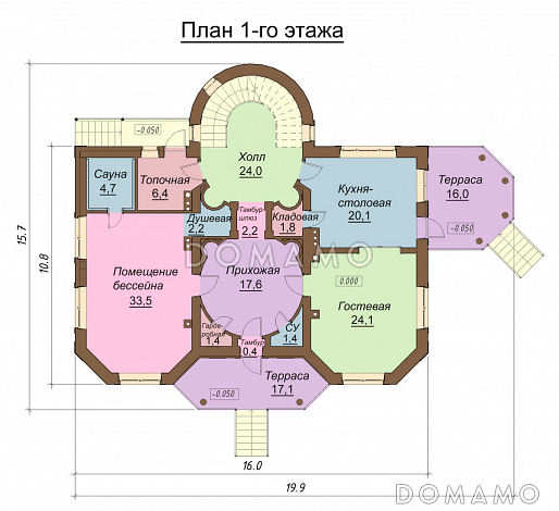 Проект  двухэтажного коттеджа с мансардой, бассейном и кинотеатром / План 1 этажа Проект  двухэтажного коттеджа с мансардой, бассейном и кинотеатром / План 1 этажа