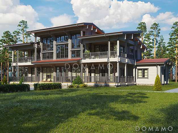 Проект двухэтажного дома из клееного бруса с красивым панорамным остеклением Проект двухэтажного дома из клееного бруса с красивым панорамным остеклением