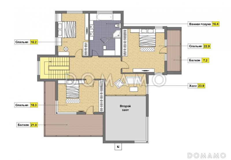 Проект кирпичного двухэтажного дома с большими окнами / План 2 этажа