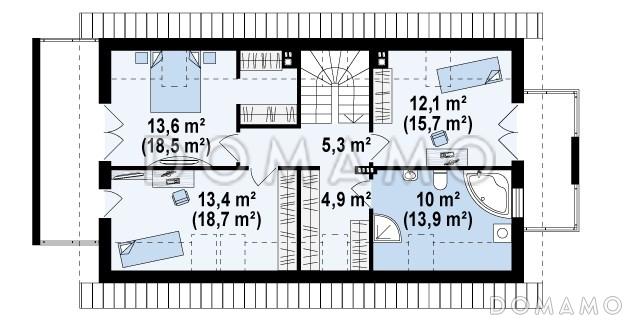Проект одноэтажного мансардного дома из газобетона с гаражом на два автомобиля для вытянутого участка / План мансардного этажа