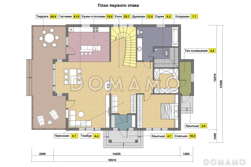 Проект дома из газобетона с 4 спальнями / План 1 этажа