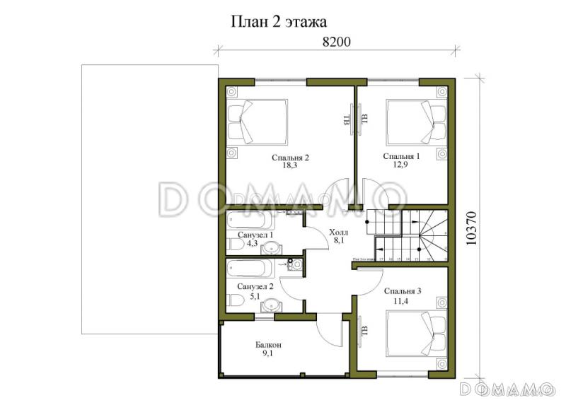Проект двухэтажного каркасного дома с навесом и балконом / План мансардного этажа