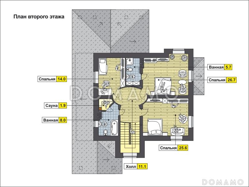 Проект дома с крытой террасой с камином, просторной кухней-столовой, гостиной с камином, сауной на втором этаже / План 2 этажа