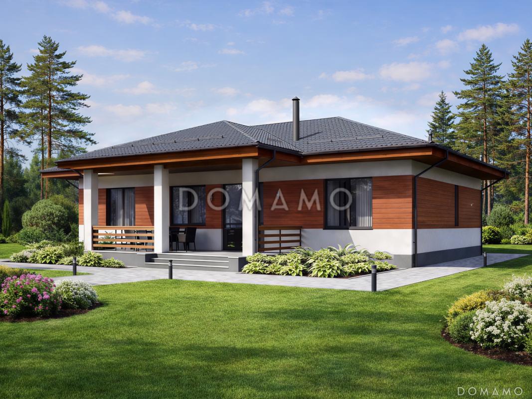 Проект одноэтажного кирпичного дома для семьи с 2 детскими, мастер-спальней, кабинетом и крытой террасой / 1