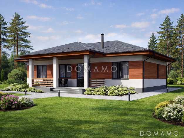 Проект одноэтажного кирпичного дома для семьи с 2 детскими, мастер-спальней, кабинетом и крытой террасой