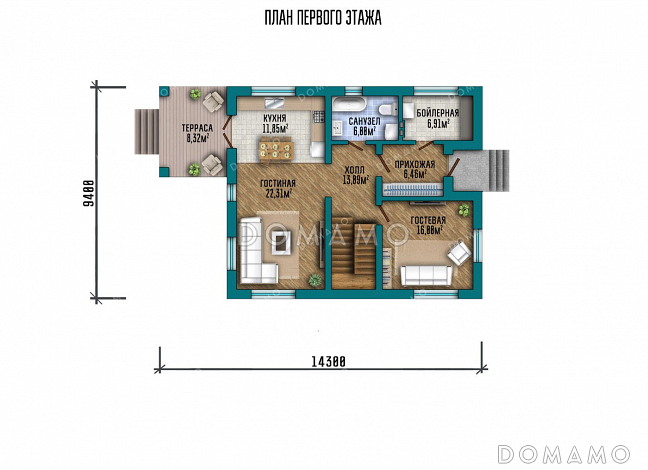 Проект двухэтажного дома с тремя спальнями и террасой / План 1 этажа