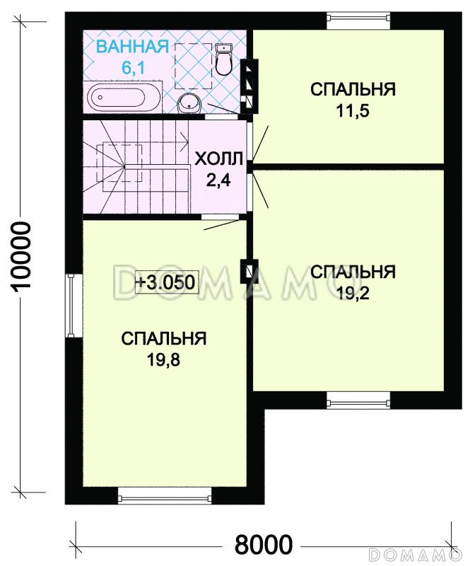 Проект дома из пеноблоков с отделкой из кирпича и зеленой шатровой крышей / План мансардного этажа