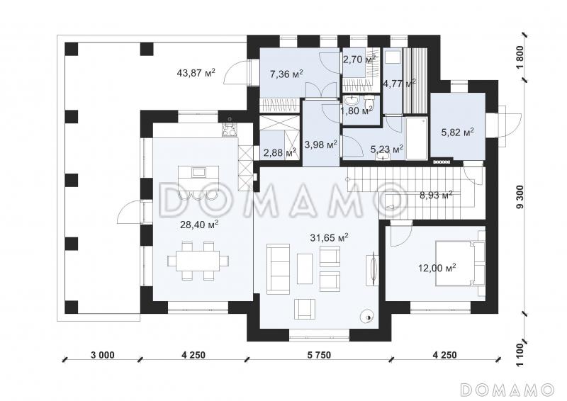 Проект двухэтажного дома с облицовкой камнем в стиле Райт S-221 / План 1 этажа