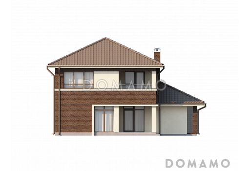 Проект современного двухэтажного дома из газобетона с четырьмя спальнями, кабинетом и пристроенным гаражом / Фасад 3