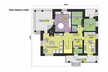 Проект дома с камином, изолированной кухней, комнатой с выходом на террасу, вторым светом / План 1 этажа