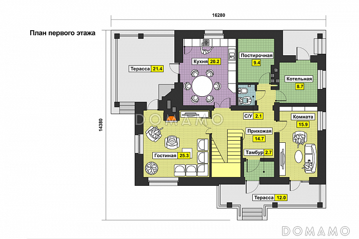 Проект дома с камином, изолированной кухней, комнатой с выходом на террасу, вторым светом / План 1 этажа