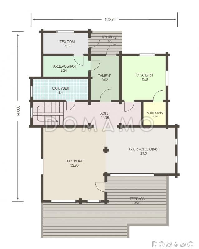 Проект деревянного дома из клееного бруса с просторным балконом на втором этаже / План 1 этажа