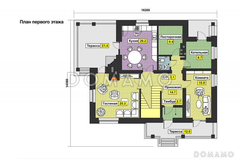 Проект дома с камином, изолированной кухней, комнатой с выходом на террасу, вторым светом / План 1 этажа