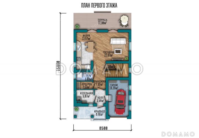 Проект дома для узкого участка с встроенным гаражом / План 1 этажа