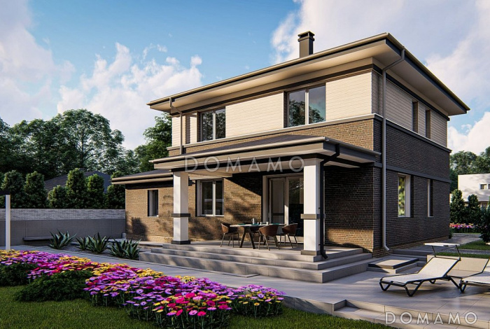 Проект двухэтажного дома из кирпича с гаражом, кабинетом, террасой