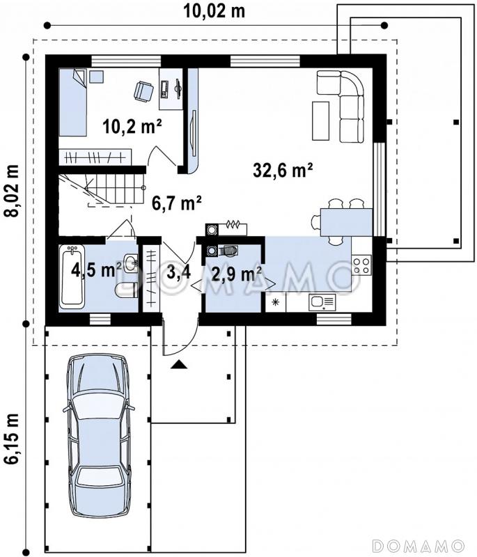 Проект одноэтажного мансардного дома из газобетона с навесом для автомобиля / План 1 этажа