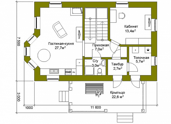 Проект компактного коттеджа с двускатной кровлей / План 1 этажа
