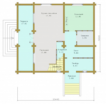 Проект дома из бруса с мансардным этажом / План 1 этажа Проект дома из бруса с мансардным этажом / План 1 этажа