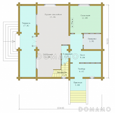 Проект дома из бруса с мансардным этажом / План 1 этажа Проект дома из бруса с мансардным этажом / План 1 этажа
