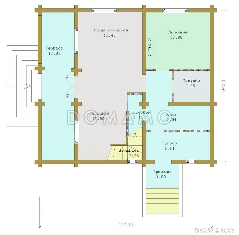 Проект дома из бруса с мансардным этажом / План 1 этажа