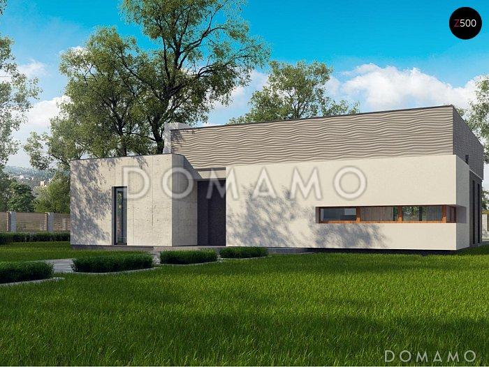 Проект современного одноэтажного дома из газобетона с плоской крышей с тремя спальнями и частично крытой террасой, без гаража / 1