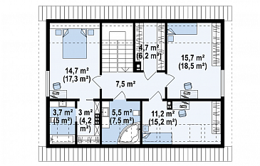 Проект одноэтажного мансардного дома из газобетона с четырьмя спальнями и панорамным остеклением гостиной / План мансардного этажа Проект одноэтажного мансардного дома из газобетона с четырьмя спальнями и панорамным остеклением гостиной / План мансардного этажа