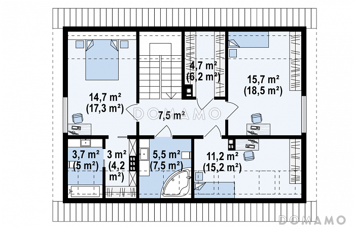 Проект одноэтажного мансардного дома из газобетона с четырьмя спальнями и панорамным остеклением гостиной / План мансардного этажа Проект одноэтажного мансардного дома из газобетона с четырьмя спальнями и панорамным остеклением гостиной / План мансардного этажа
