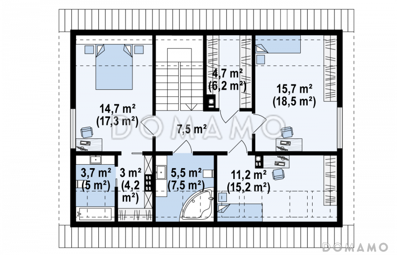 Проект одноэтажного мансардного дома из газобетона с четырьмя спальнями и панорамным остеклением гостиной / План мансардного этажа